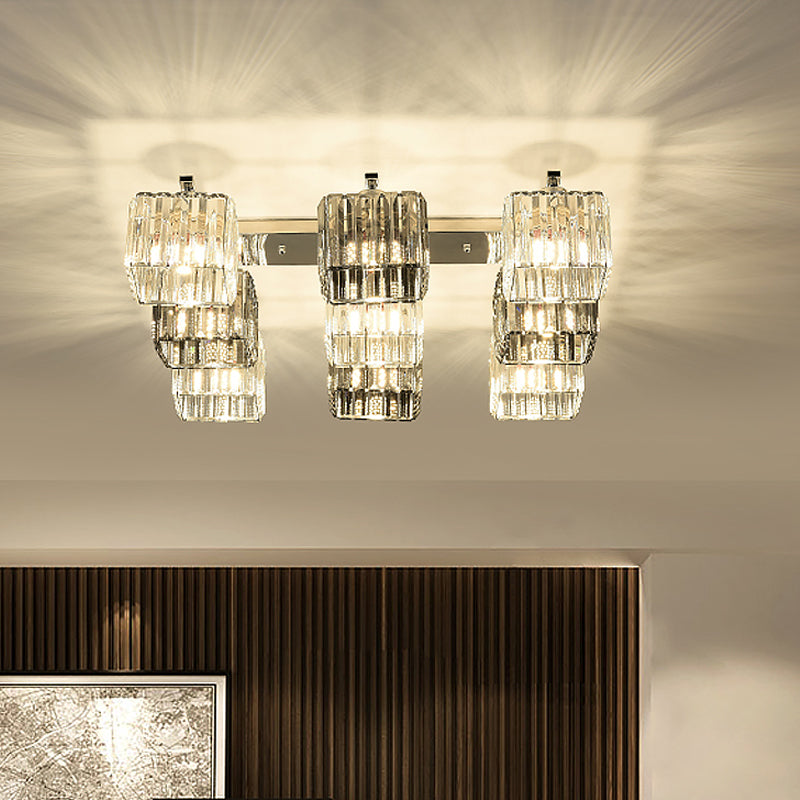 Modern Crystal Cube Flush Ceiling Lamp | Polished Chrome | 4/6/9 Lights