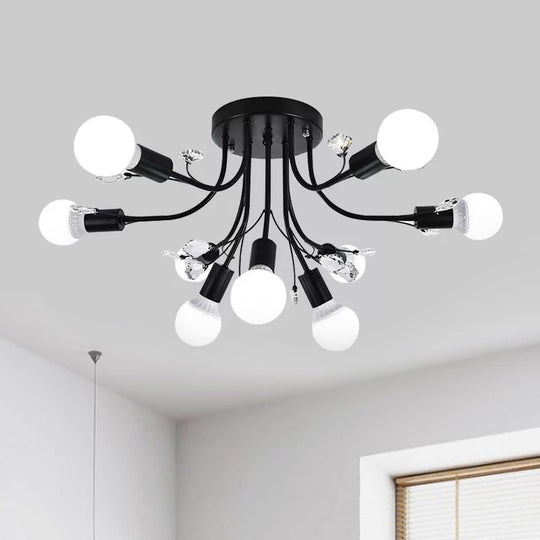 Black/White/Gold Metal Curved Arms Semi Flush Mount Light - Nordic Style 6/9 Lights Bedroom Ceiling