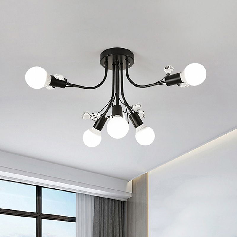 Black/White/Gold Metal Curved Arms Semi Flush Mount Light - Nordic Style 6/9 Lights Bedroom Ceiling