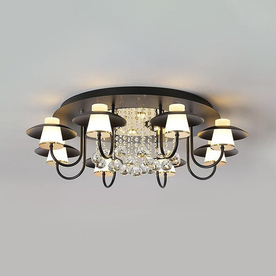 Luxurious Circular Semi Flushmount Ceiling Light with Crystal Ball - 8 Lights, Metallic Black/White for Dining Table