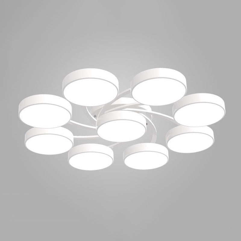 Nordic Style Ceiling Light with Black/White Drum Shade - 3/6/9 Heads - Acrylic Semi Flush Mount for Living Room