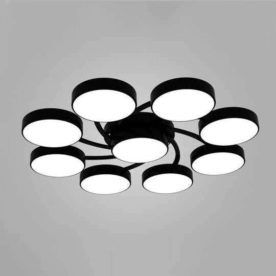 Nordic Style Ceiling Light with Black/White Drum Shade - 3/6/9 Heads - Acrylic Semi Flush Mount for Living Room