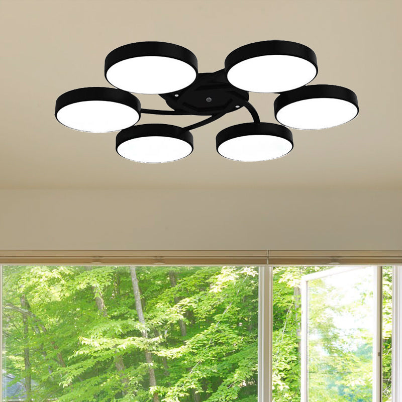 Nordic Style Ceiling Light with Black/White Drum Shade - 3/6/9 Heads - Acrylic Semi Flush Mount for Living Room