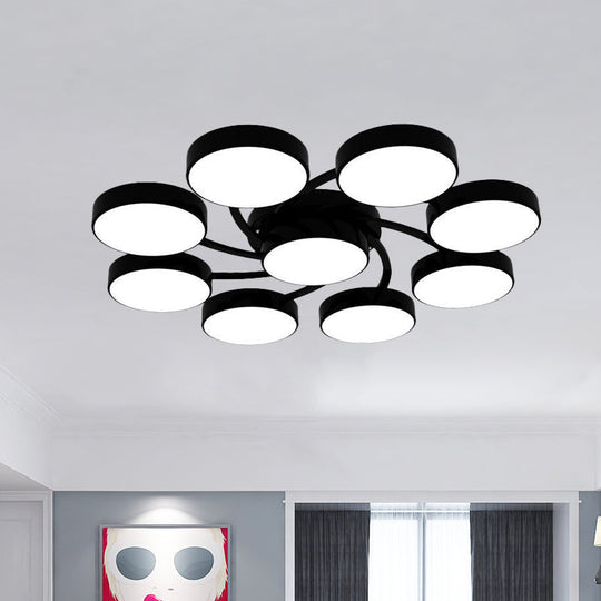 Nordic Style Ceiling Light with Black/White Drum Shade - 3/6/9 Heads - Acrylic Semi Flush Mount for Living Room