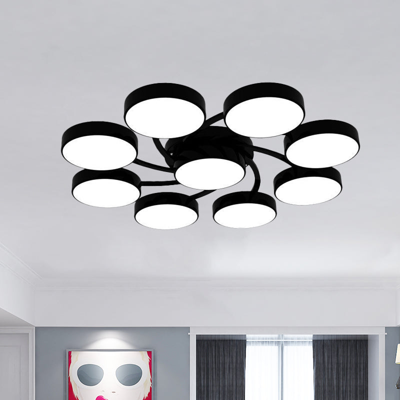 Nordic Style Ceiling Light With Black/White Drum Shade - 3/6/9 Heads Acrylic Semi Flush Mount For