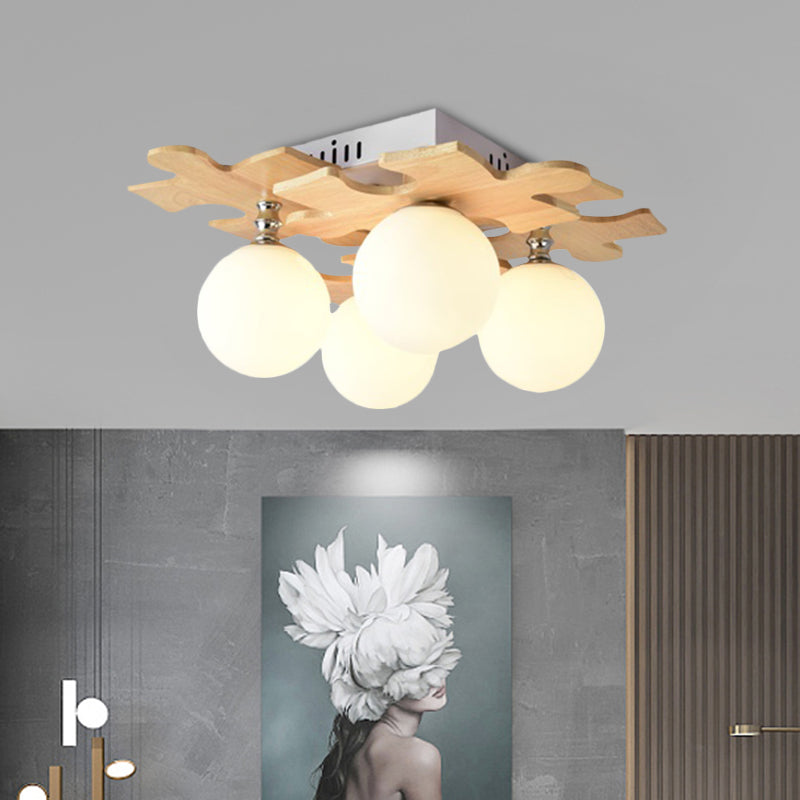 Modern White Led Globe Flush Mount Ceiling Lamp With Opal Glass For Dining Table - 4 Lights Wood / B