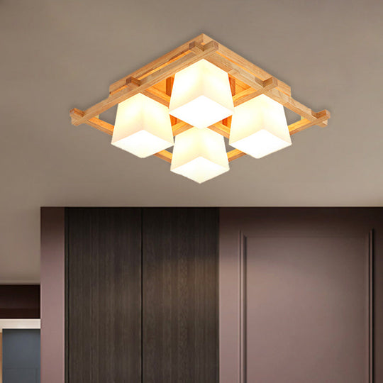 Japanese Style Wooden Checkerboard Flush Mount Ceiling Light in Beige for Study Room