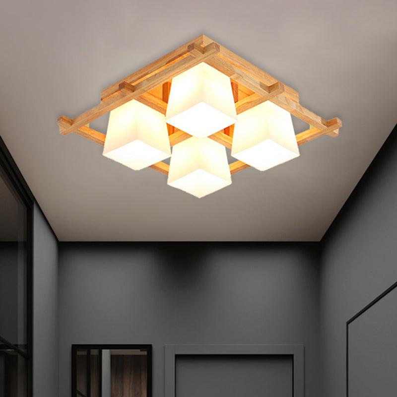 Japanese Style Wooden Checkerboard Flush Mount Ceiling Light in Beige for Study Room