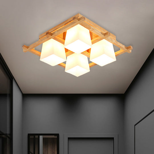 Japanese Style Wooden Checkerboard Flush Mount Ceiling Light In Beige For Study Room