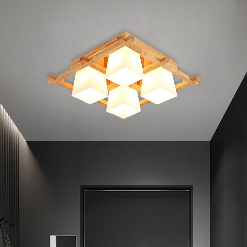 Japanese Style Wooden Checkerboard Flush Mount Ceiling Light in Beige for Study Room