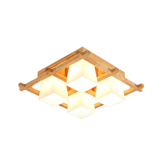 Japanese Style Wooden Checkerboard Flush Mount Ceiling Light in Beige for Study Room