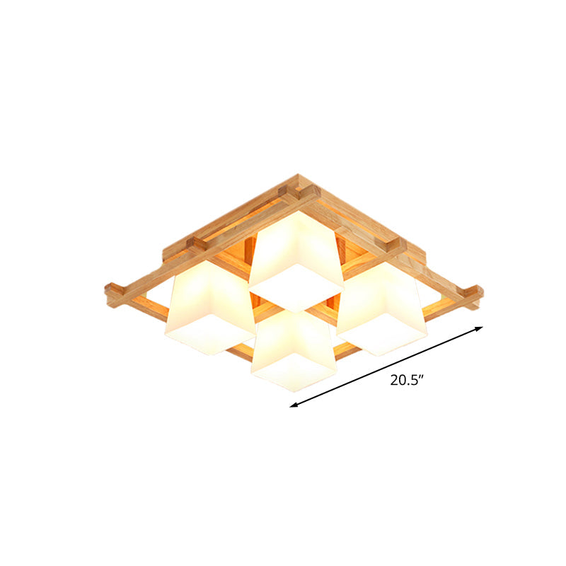 Japanese Style Wooden Checkerboard Flush Mount Ceiling Light in Beige for Study Room