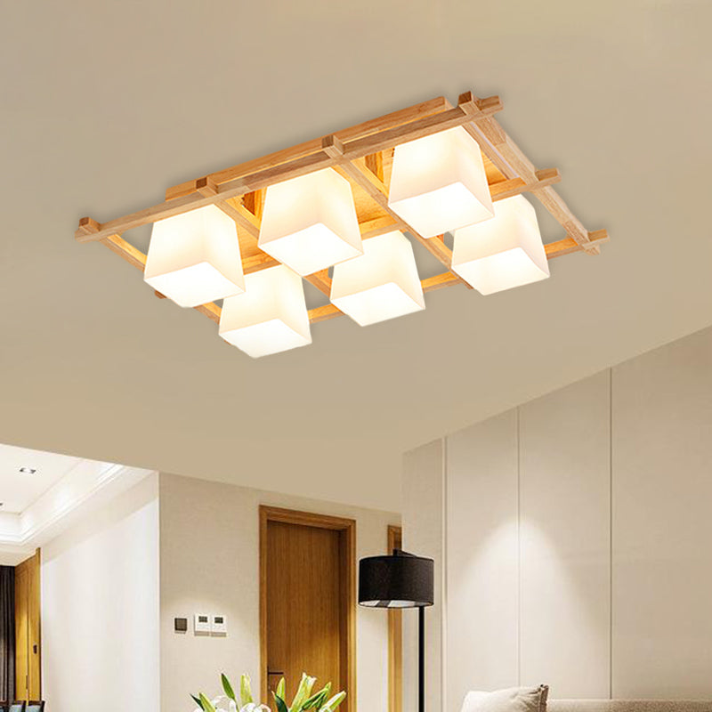 Japanese Style Wooden Checkerboard Flush Mount Ceiling Light in Beige for Study Room