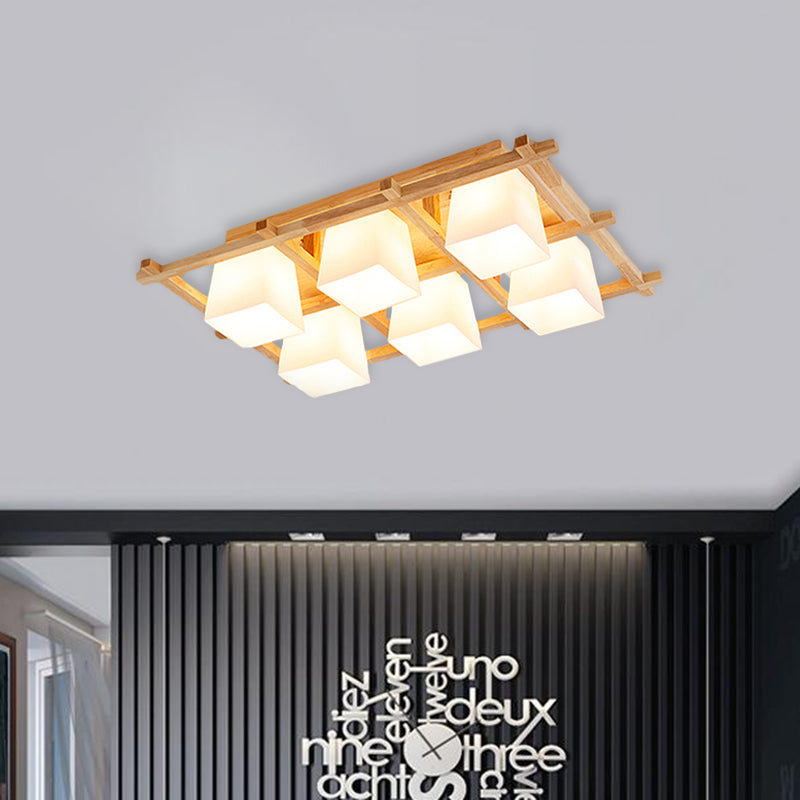 Japanese Style Wooden Checkerboard Flush Mount Ceiling Light in Beige for Study Room