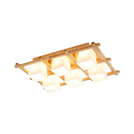 Japanese Style Wooden Checkerboard Flush Mount Ceiling Light in Beige for Study Room