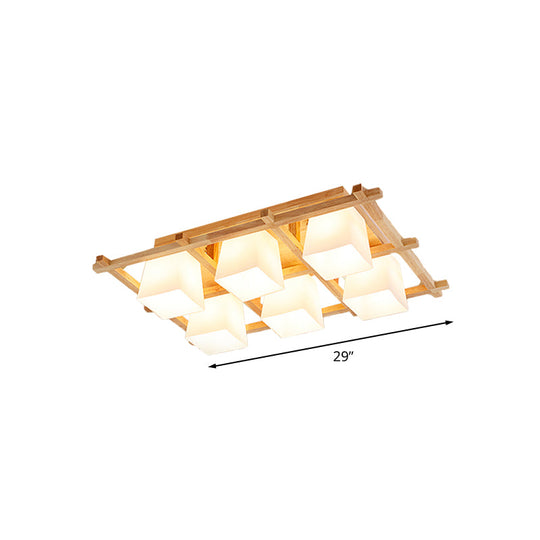 Japanese Style Wooden Checkerboard Flush Mount Ceiling Light in Beige for Study Room