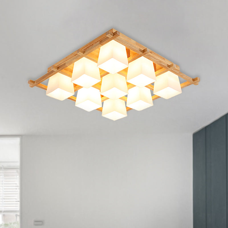 Japanese Style Wooden Checkerboard Flush Mount Ceiling Light in Beige for Study Room