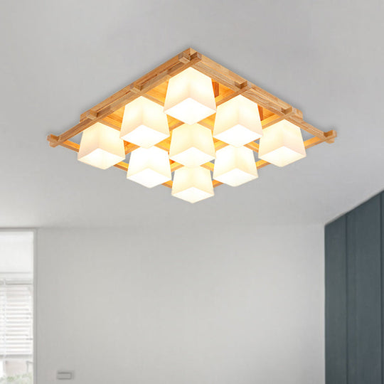 Japanese Style Wooden Checkerboard Flush Mount Ceiling Light In Beige For Study Room 9 / Wood