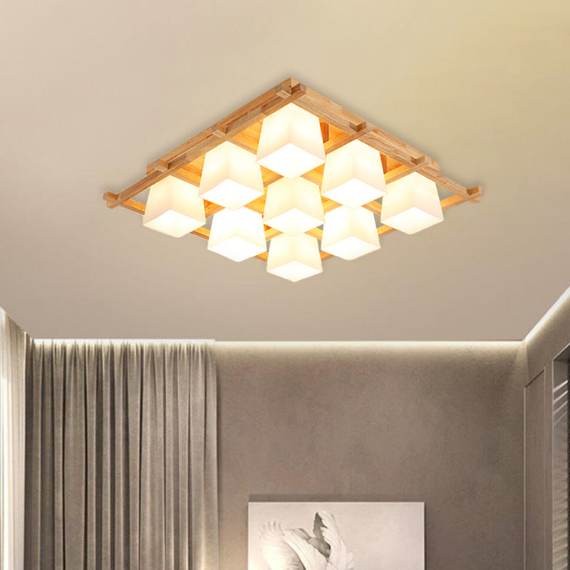 Japanese Style Wooden Checkerboard Flush Mount Ceiling Light in Beige for Study Room