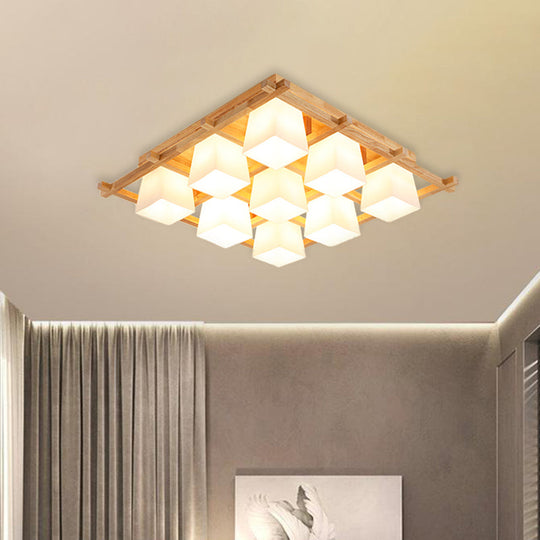 Japanese Style Wooden Checkerboard Flush Mount Ceiling Light In Beige For Study Room