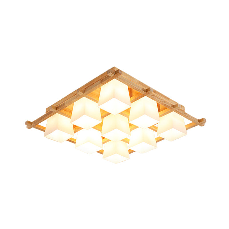 Japanese Style Wooden Checkerboard Flush Mount Ceiling Light in Beige for Study Room