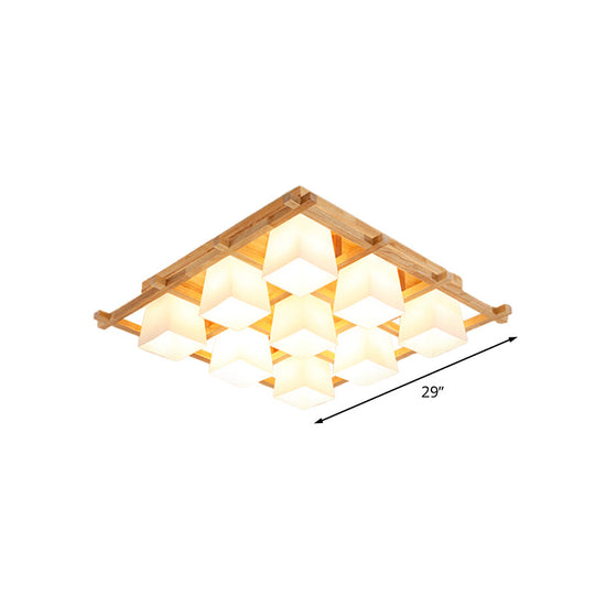 Japanese Style Wooden Checkerboard Flush Mount Ceiling Light in Beige for Study Room