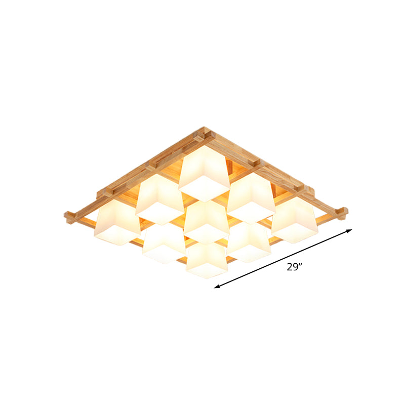 Japanese Style Wooden Checkerboard Flush Mount Ceiling Light In Beige For Study Room