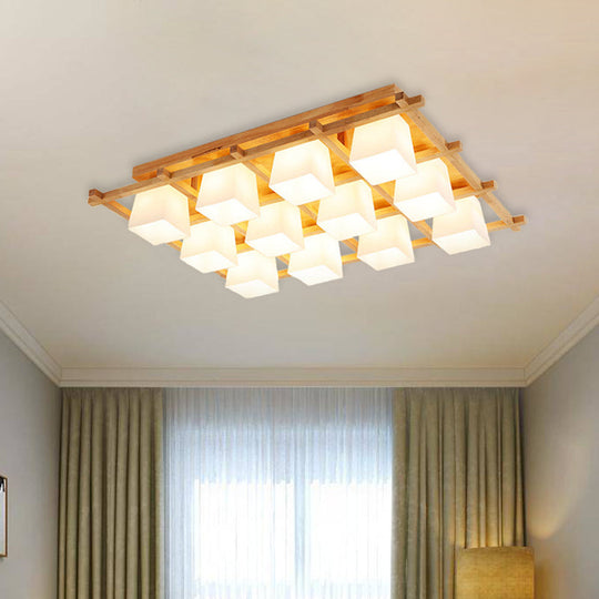 Japanese Style Wooden Checkerboard Flush Mount Ceiling Light in Beige for Study Room