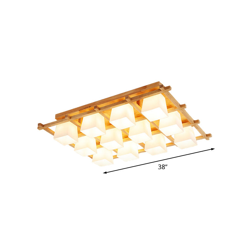 Japanese Style Wooden Checkerboard Flush Mount Ceiling Light in Beige for Study Room