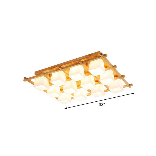 Japanese Style Wooden Checkerboard Flush Mount Ceiling Light In Beige For Study Room