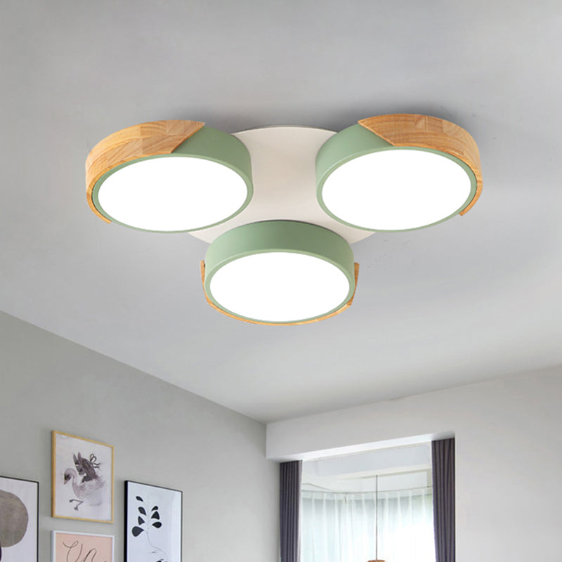 Modern LED Flush Ceiling Light - Nordic Style, 3-Drum Shade, Metal Fixture in Green/White for Porch Balcony