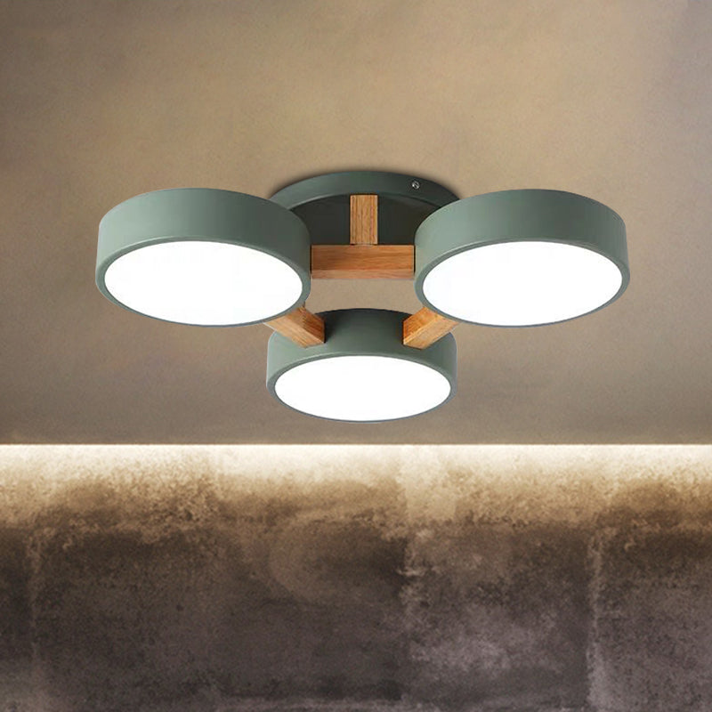 Macaron Drum Shade LED Ceiling Lamp - Green/Grey/White - Bedroom Flush Light