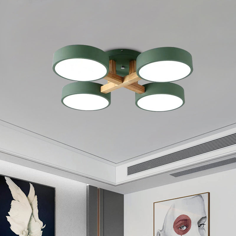 Macaron Drum Shade LED Ceiling Lamp - Green/Grey/White - Bedroom Flush Light