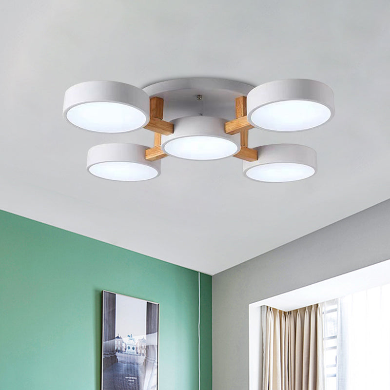 Macaron Drum Shade LED Ceiling Lamp - Green/Grey/White - Bedroom Flush Light