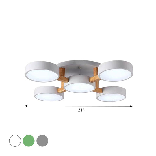 Macaron Drum Shade LED Ceiling Lamp - Green/Grey/White - Bedroom Flush Light