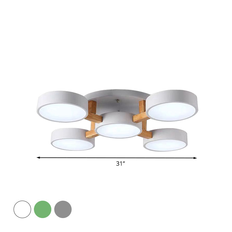 Macaron Drum Shade Led Ceiling Lamp - Green/Grey/White Bedroom Flush Light