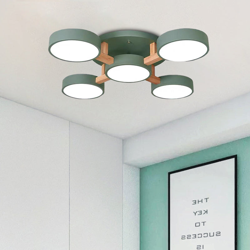 Macaron Drum Shade LED Ceiling Lamp - Green/Grey/White - Bedroom Flush Light