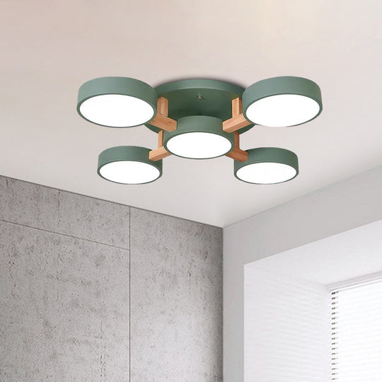 Macaron Drum Shade LED Ceiling Lamp - Green/Grey/White - Bedroom Flush Light