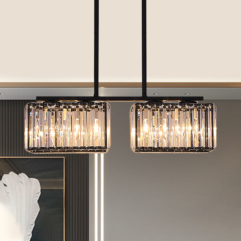 Island Chandelier - Contemporary Cuboid Shade Crystal Pendant Light With Multiple Heads In Black