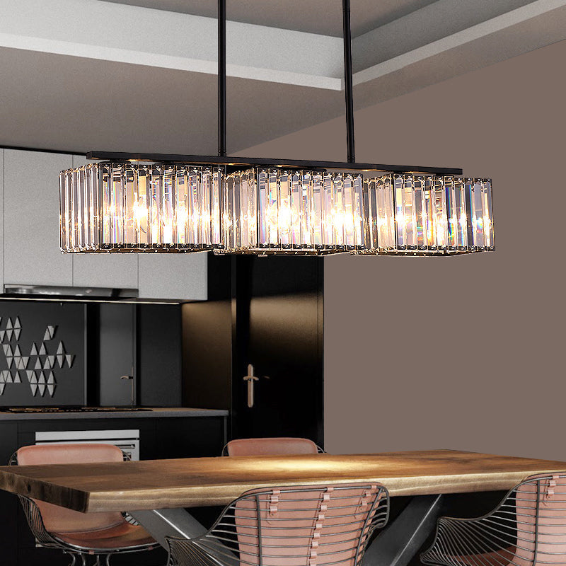 Island Chandelier - Contemporary Cuboid Shade Crystal Pendant Light With Multiple Heads In Black