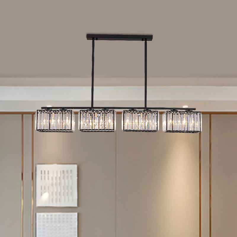 Island Chandelier - Contemporary Cuboid Shade Crystal Pendant Light With Multiple Heads In Black