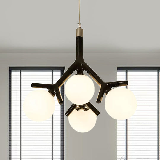 Contemporary Global Chandelier - White Glass With Branch Design 4 Lights Hanging Ceiling Fixture In