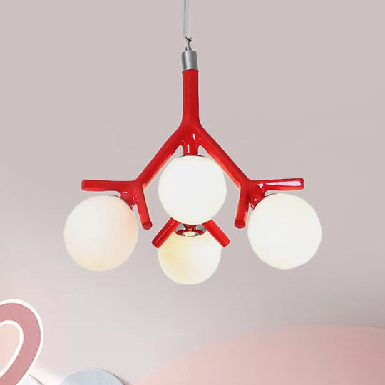 Contemporary Global 4-Light White Glass Chandelier with Branch Design - Hanging Ceiling Fixture in White/Black/Red