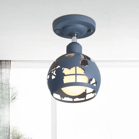 Modern Metal Semi-Flush Light with 1 Head for Hallway - Pink/Yellow/Blue Domed Design