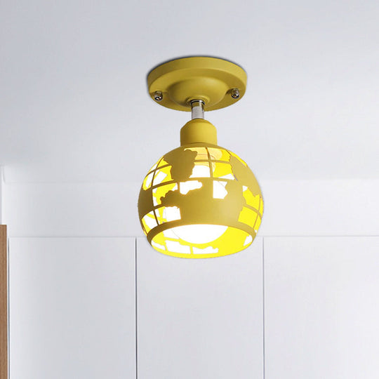 Modern Metal Semi-Flush Light with 1 Head for Hallway - Pink/Yellow/Blue Domed Design