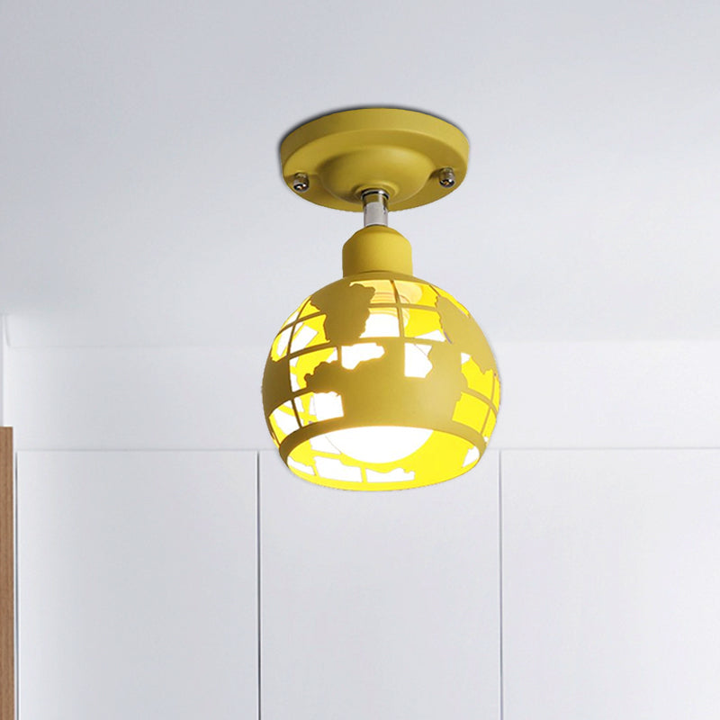 Modern Metal Semi-Flush Light With 1 Head For Hallway - Pink/Yellow/Blue Domed Design