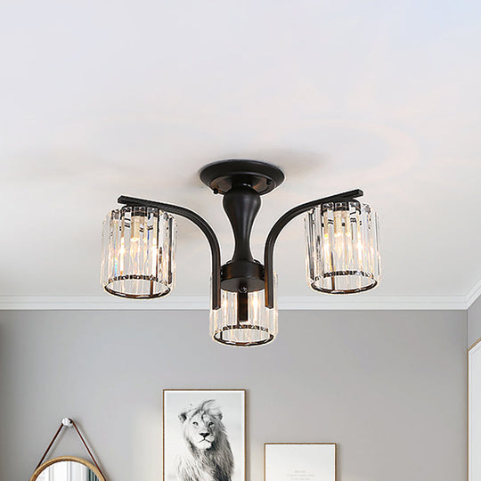 Sleek Nordic Metal Black Ceiling Light Fixture with Crystal Shade - Cylinder Semi Flush Mount, 3/5 Lights