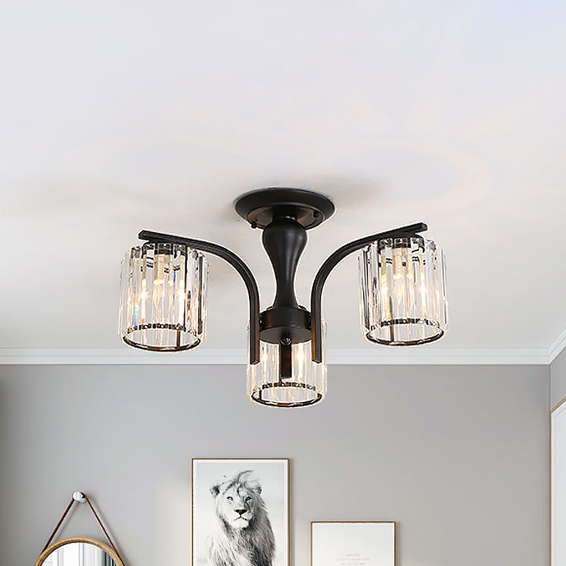 Sleek Nordic Metal Black Ceiling Light Fixture With Crystal Shade - Cylinder Semi Flush Mount 3/5