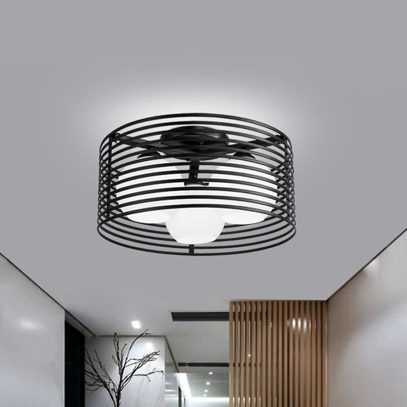 Nordic Metal 3-Light Semi Flush Mount Lamp with Round Iron Cage for Bedroom Ceiling - Black/White