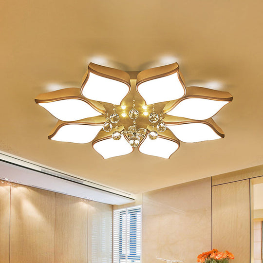 Modern White Blooming Flush Mount Ceiling Light With Crystal Drop - 8/10 Heads Warm Ambiance For